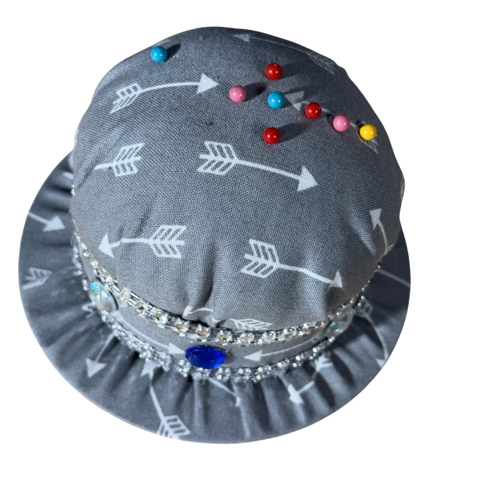 Handmade Top Hat Pin Cushion Gray Arrow Fabric Rhinestone Trim Sewing Decor